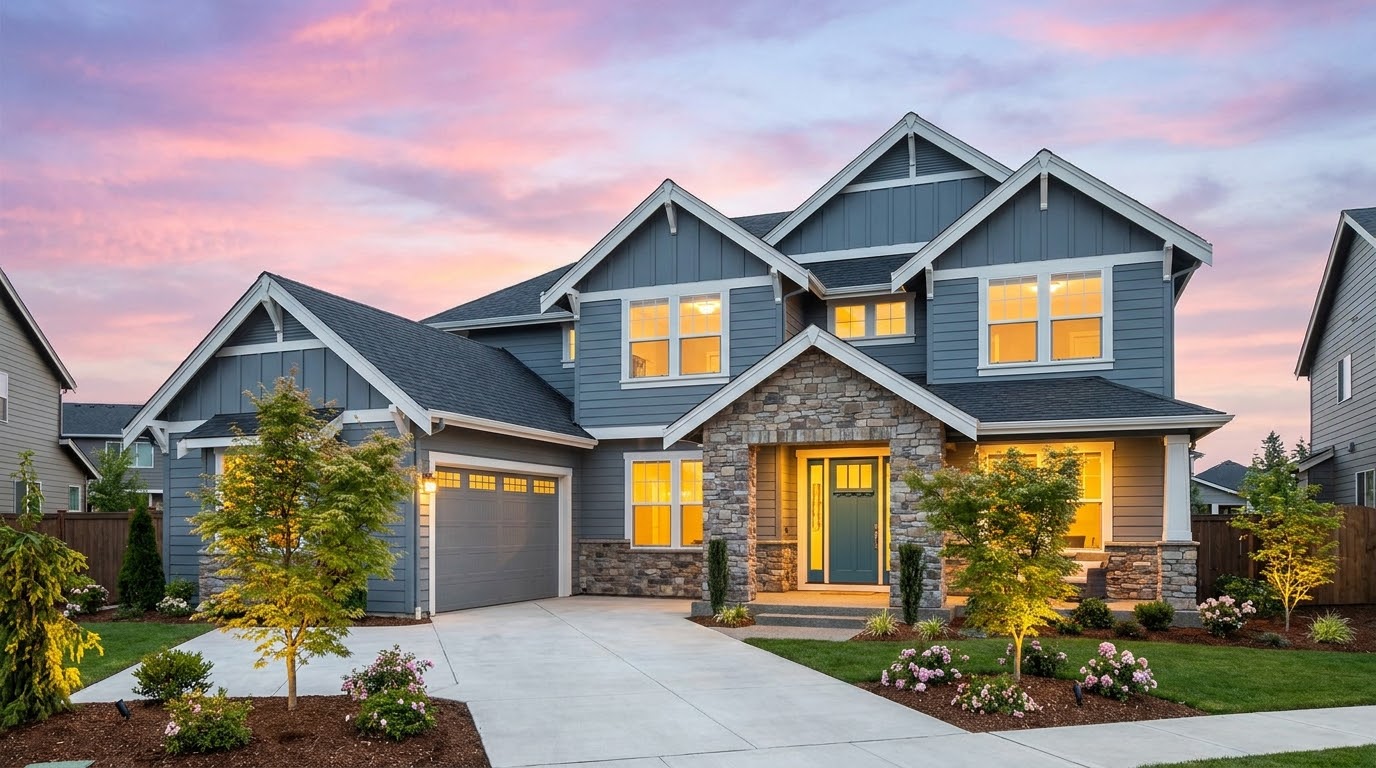 A craftsman home at dusk, every window glowing warm against a pastel sunset